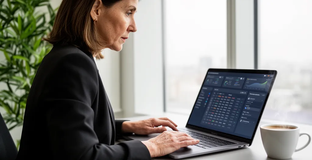 Responsable financière consultant un tableau de bord de gestion de trésorerie sur écran d'ordinateur