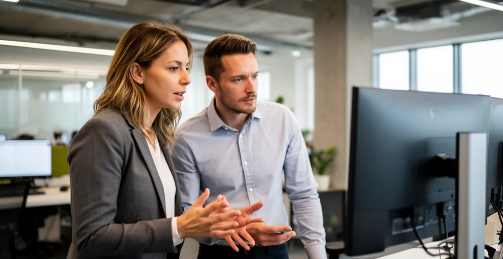 Deux collègues analysant ensemble un tableau de bord de suivi clients