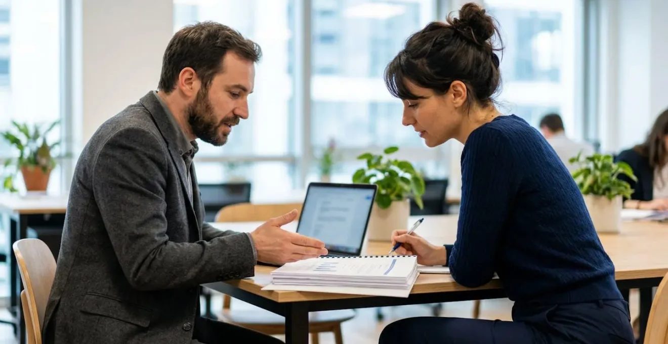 Deux professionnels en réunion discutant de documents d'audit énergétique, vus de profil, dans une salle de réunion lumineuse avec baies vitrées