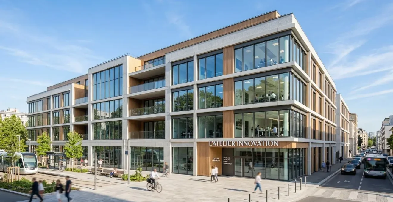 Vue en contre-plongée d'un immeuble de bureaux contemporain avec large façade vitrée performante, ciel dégagé, architecture française récente