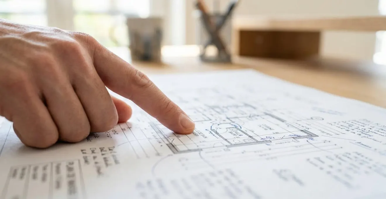 Gros plan d'une main pointant des annotations de surfaces sur un plan architectural de bâtiment, le document étant partiellement flouté