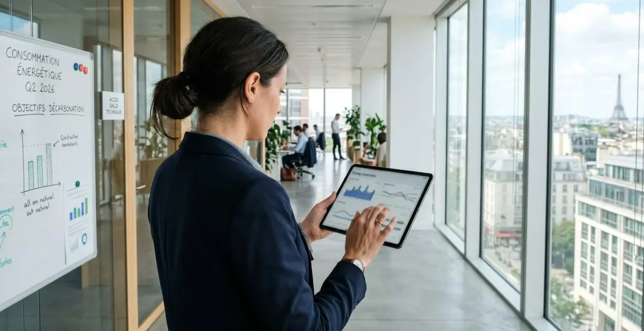 Une responsable de services généraux consulte des données de consommation énergétique sur une tablette dans un open space lumineux avec grandes baies vitrées