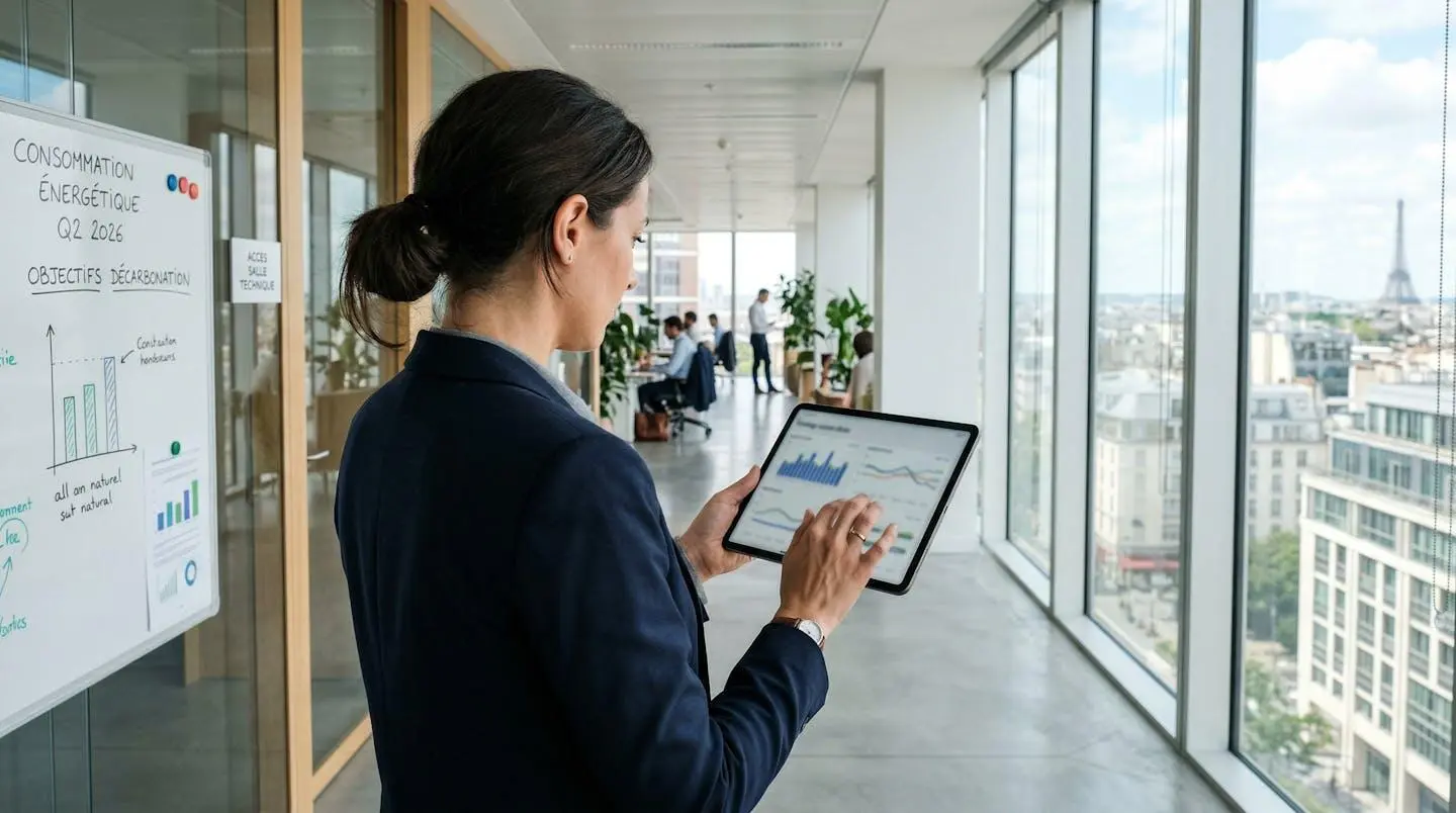 Une responsable de services généraux consulte des données de consommation énergétique sur une tablette dans un open space lumineux avec grandes baies vitrées