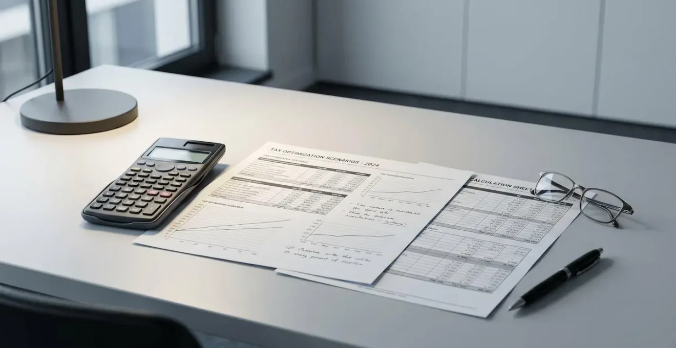 Calculatrice et documents de simulation fiscale disposés sur un bureau pour calculer les économies d'impôts