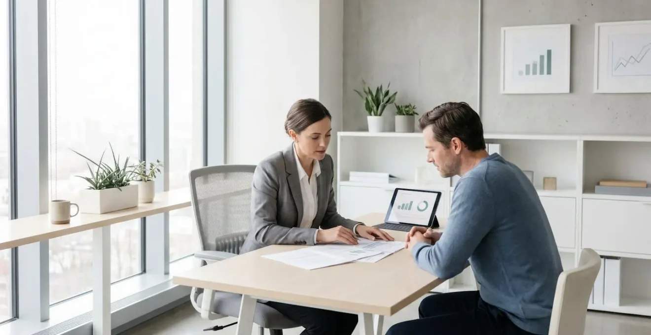 Conseiller financier analysant des documents de retraite avec un client dans un bureau moderne aux tons neutres