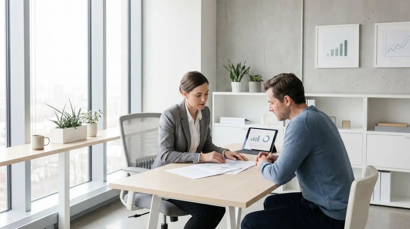 Conseiller financier analysant des documents de retraite avec un client dans un bureau moderne aux tons neutres