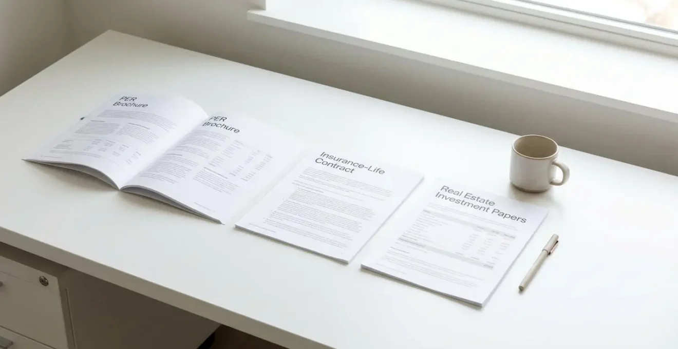 Documents et brochures de différents produits d'épargne retraite disposés sur un bureau blanc moderne